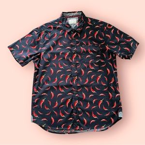 Sunrise kingdom navy blue/red chili peppers short sleeve button up shirt Size L